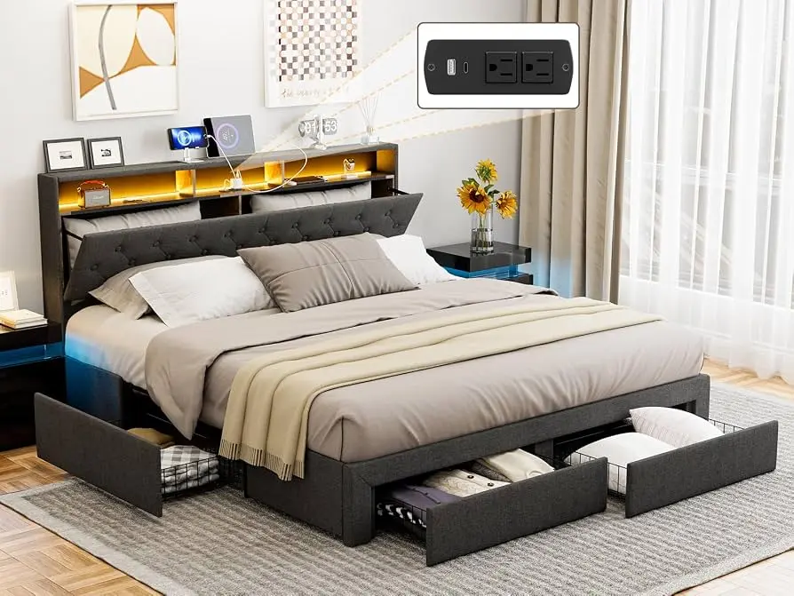 Modern minimalist bedroom with storage bed and LED lights