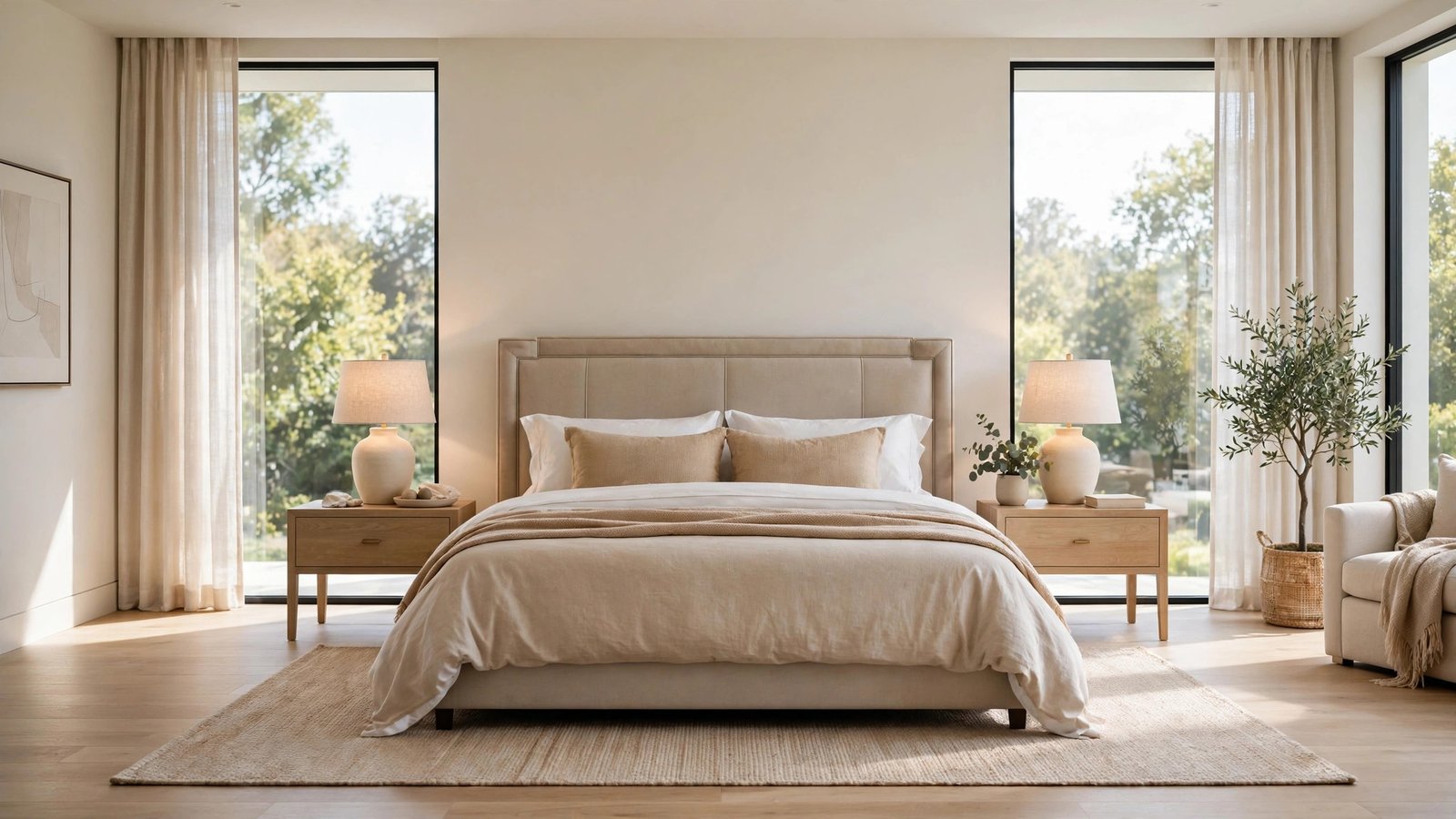 Spacious master bedroom with a California king bed